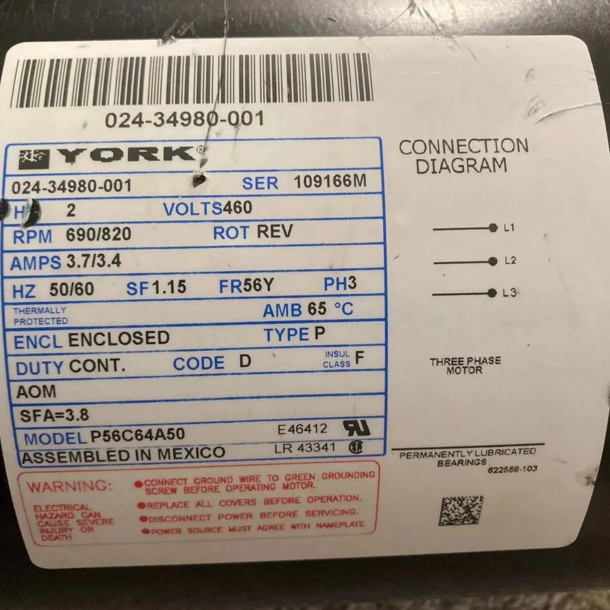 024-34980-001 Genuine York Electric Fan Motor