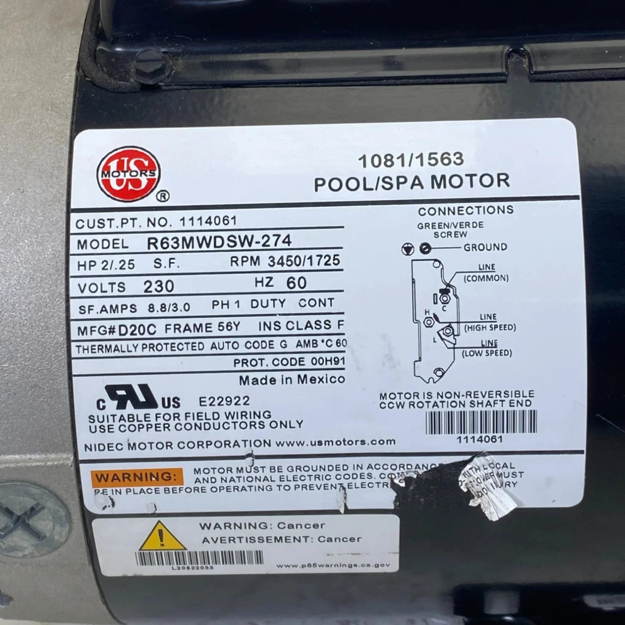 1114061 Us Motors Spa Motor R63Mwdsw-274 Model