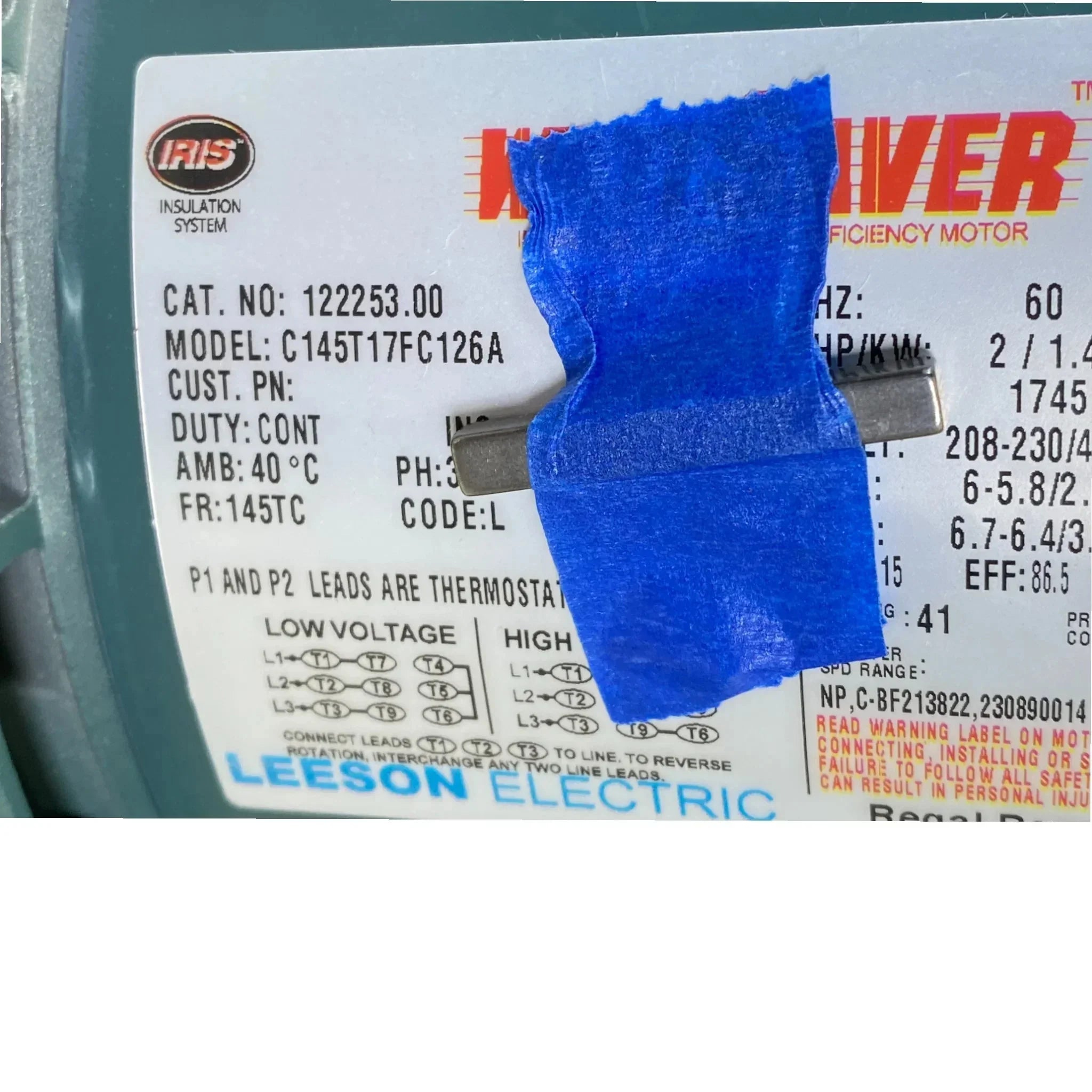 122253.00 Leeson Brake Motor 2HP 1740RPM 145TC TEFC 208-230/460Volt 3Phase