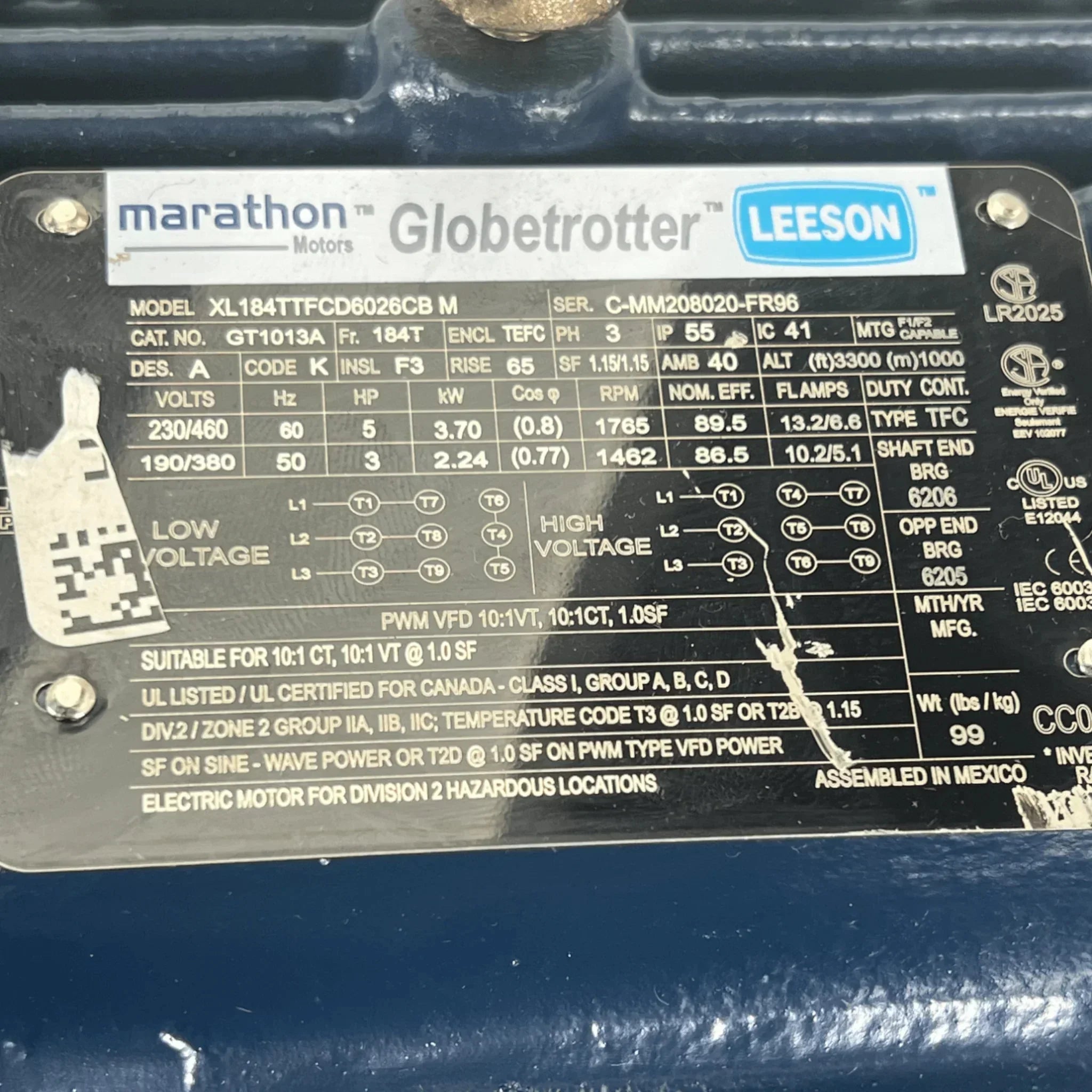 184TTFCD6026 Marathon Globetrotter General Purpose Motor 5HP 60Hz 230/460V
