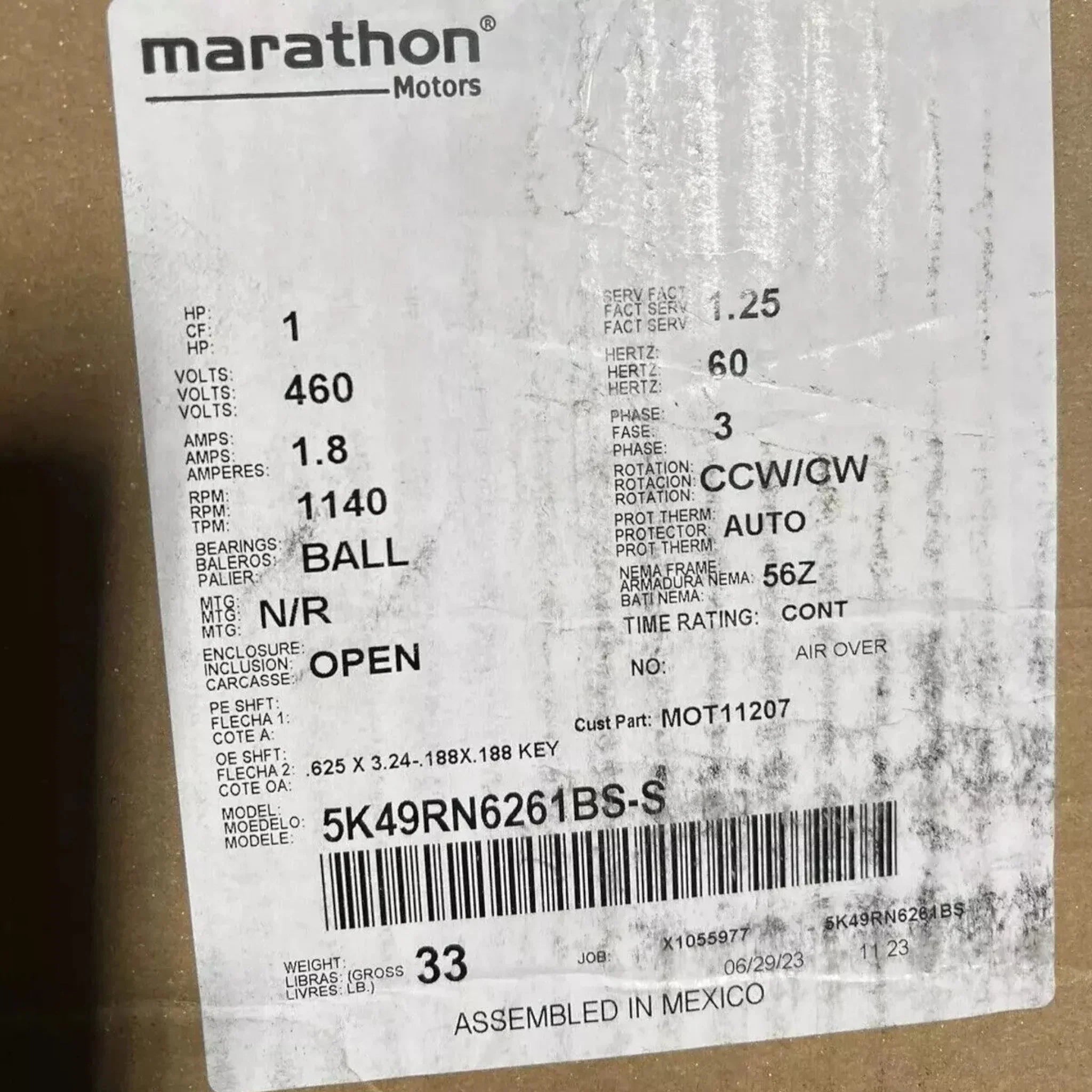 5K49RN6261BS Genuine Marathon Motor 460B 1,8A 60HZ