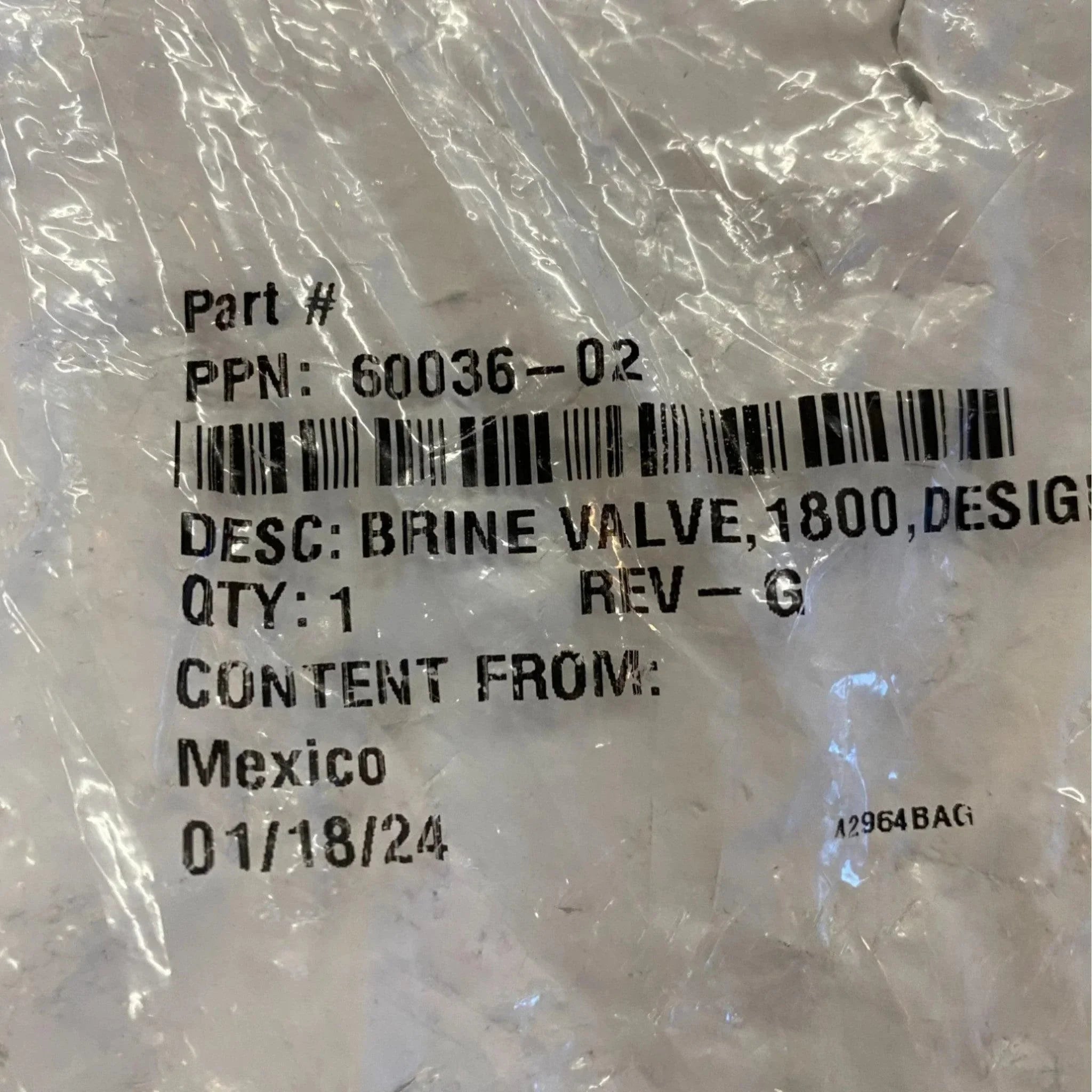 60036-02 Fleck Brine Valve Assembly 1800