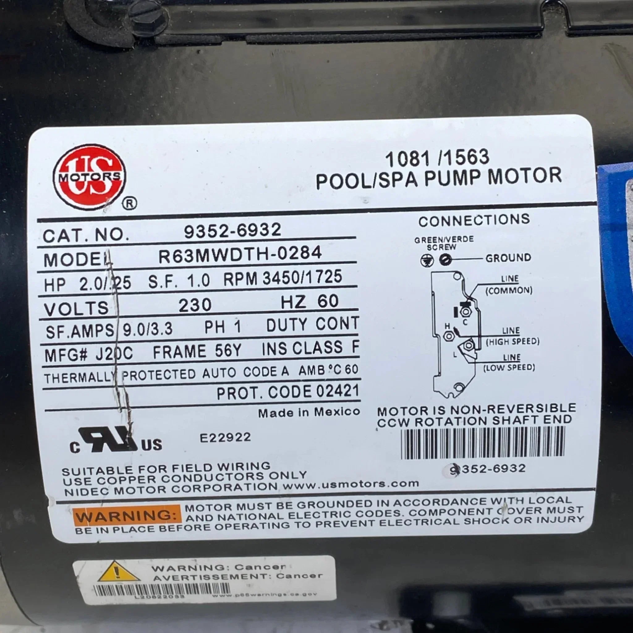 9352-6932 Us Motors Spa Motor R63Mwdth-0284 Model