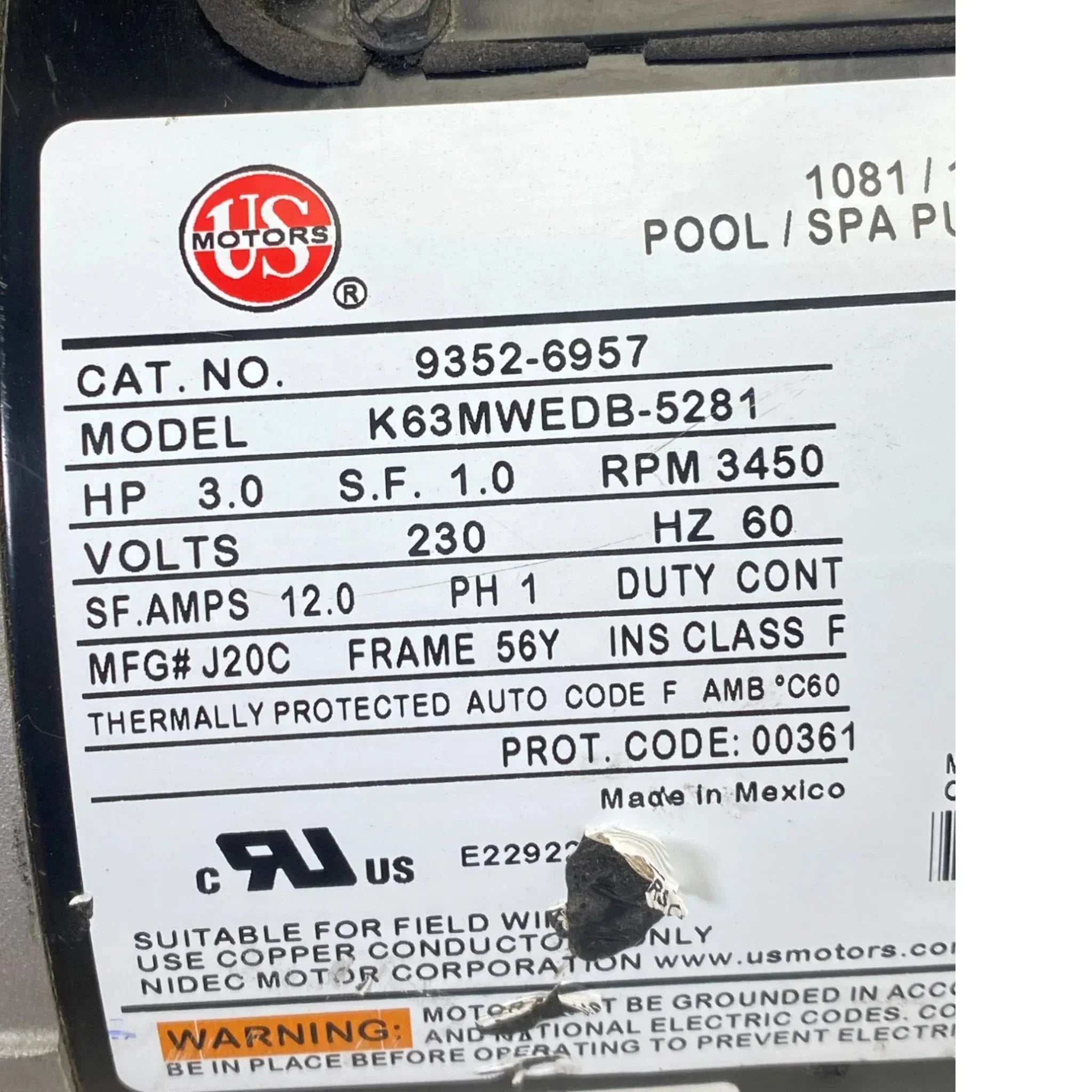 9352-6957 Us Motors Spa Motor K63Mwedb-5281 Model