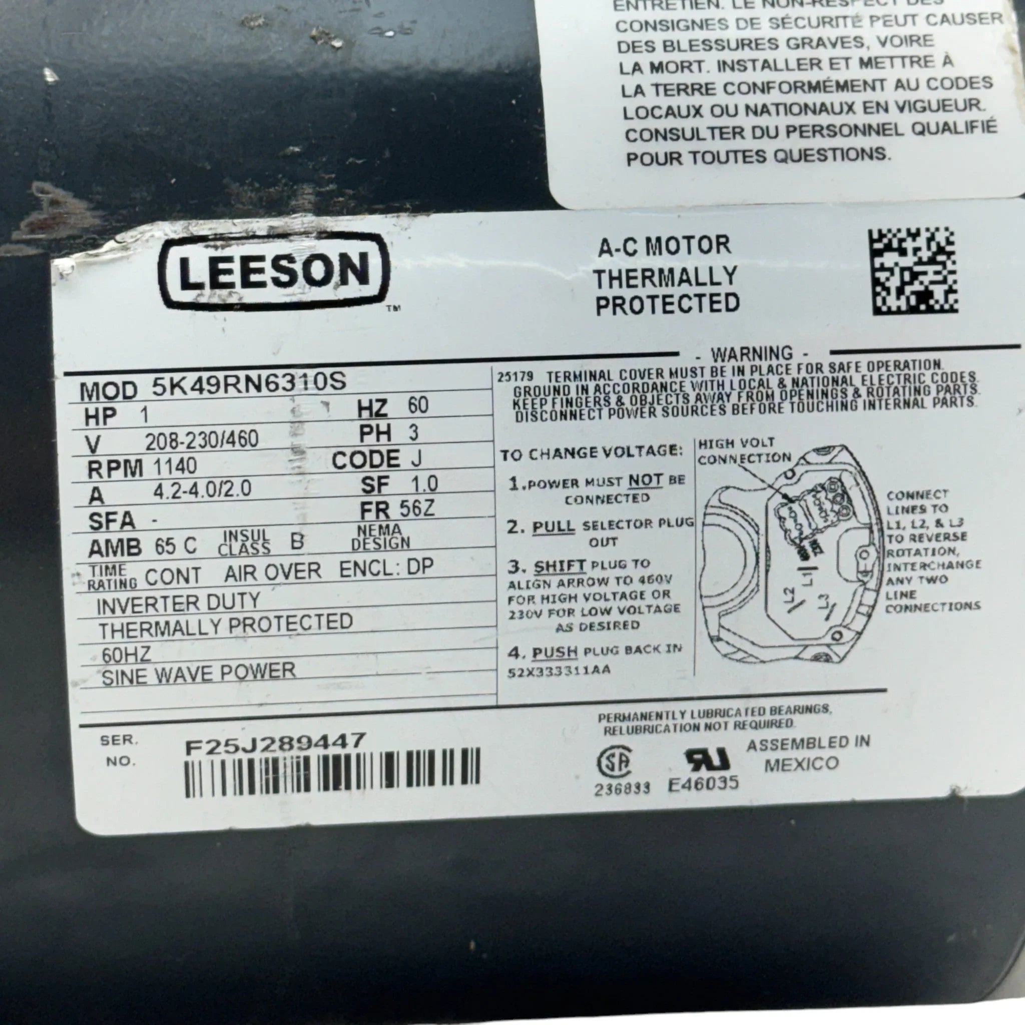 5K49RN6310S Genuine Leeson Electric Motor 208-230/460V