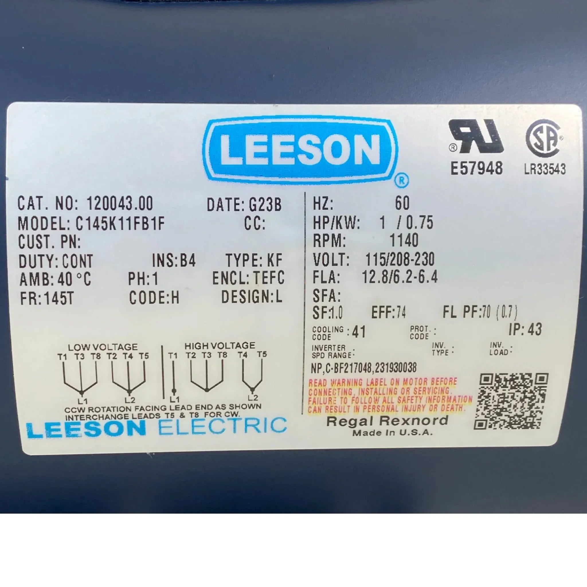 C145K11FB1F Leeson General Purpose Motor - 1 hp, 1200 rpm, 115/208-230V