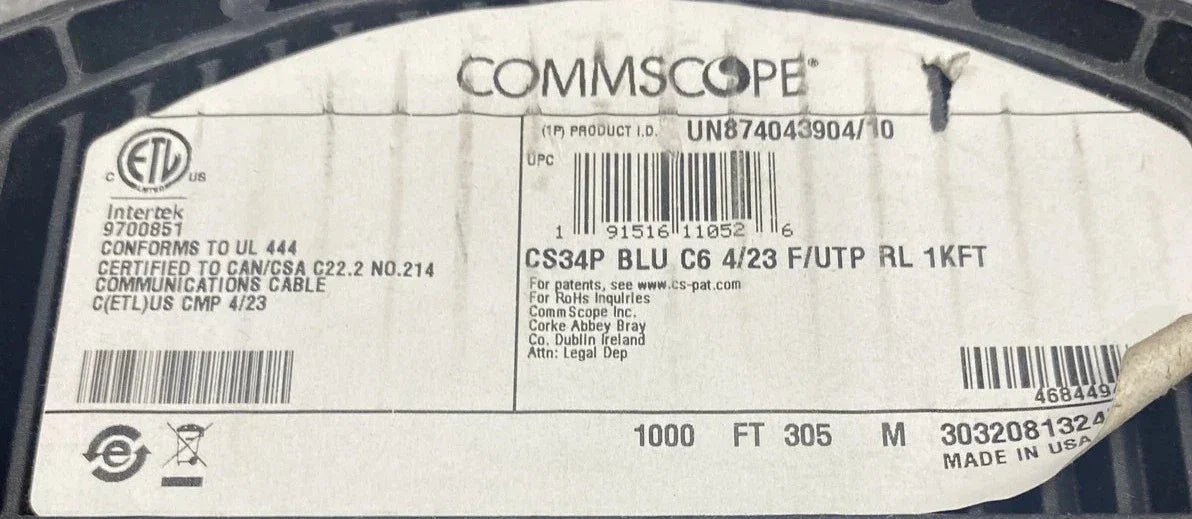 CS34P BLU C6 4/23 F/UTP RL 1KFT Commscope Cable 1000FT