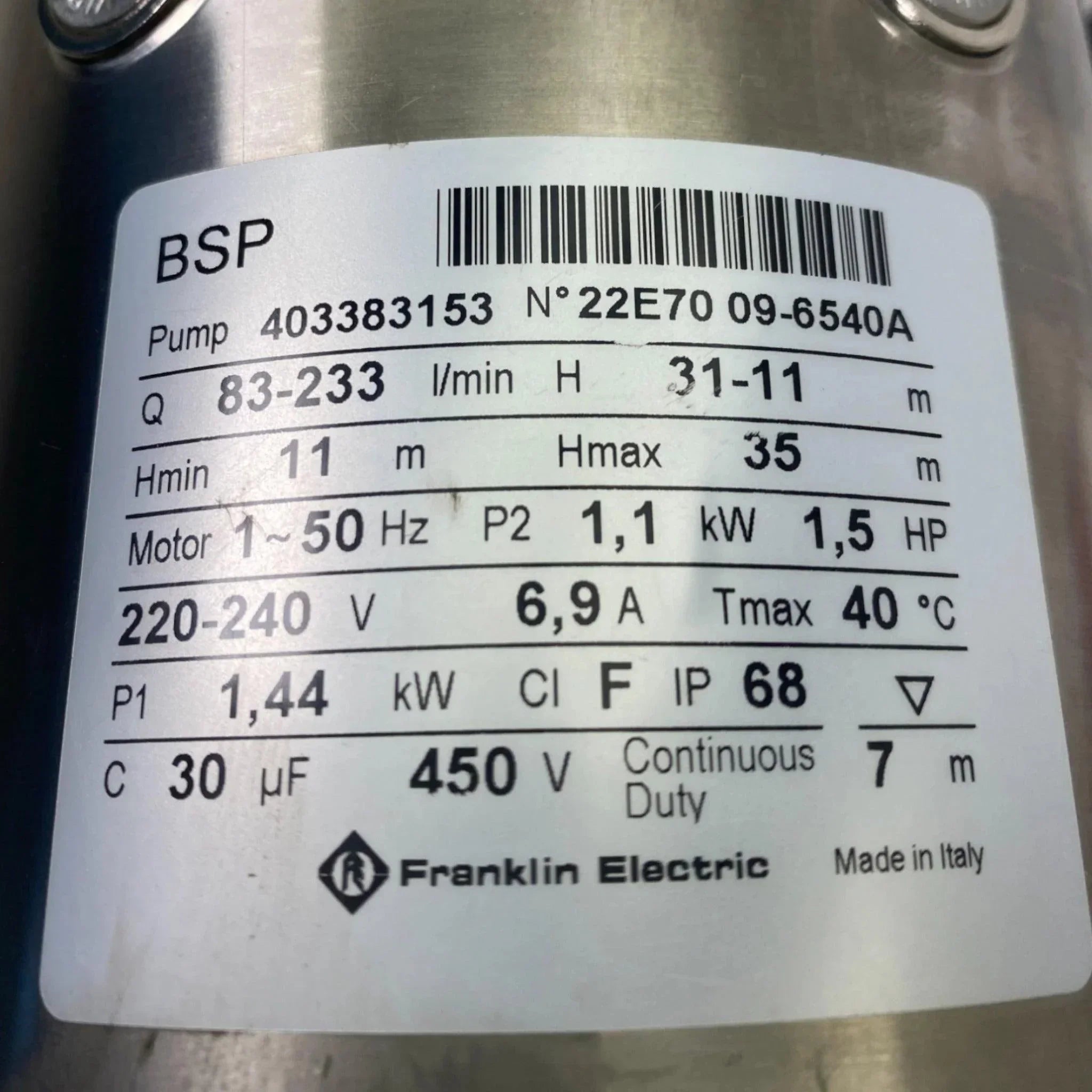 DEF-PMA150B Franklin Fueling 1-1/2HP 50HZ Single Phase PKG Pump Motor Assembly