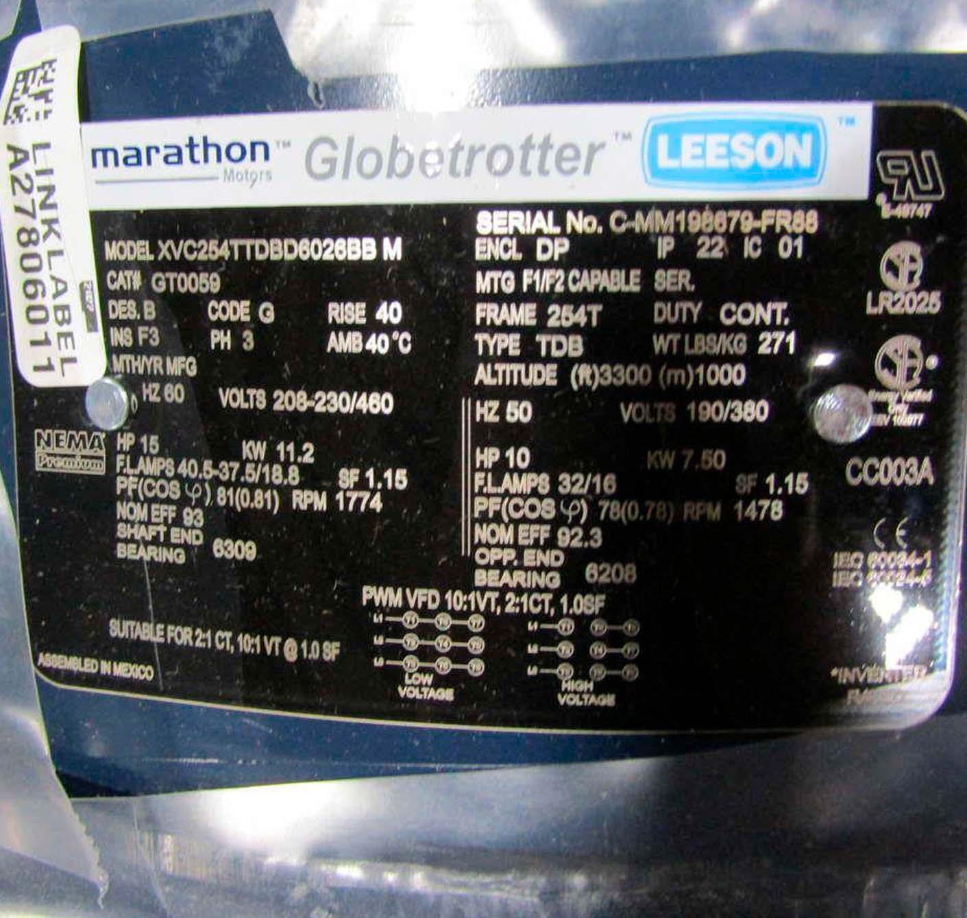 Gt0059 Marathon Globetrotter 15 Hp 208-230/460V 3 Ph 254T Ac Electric Motor