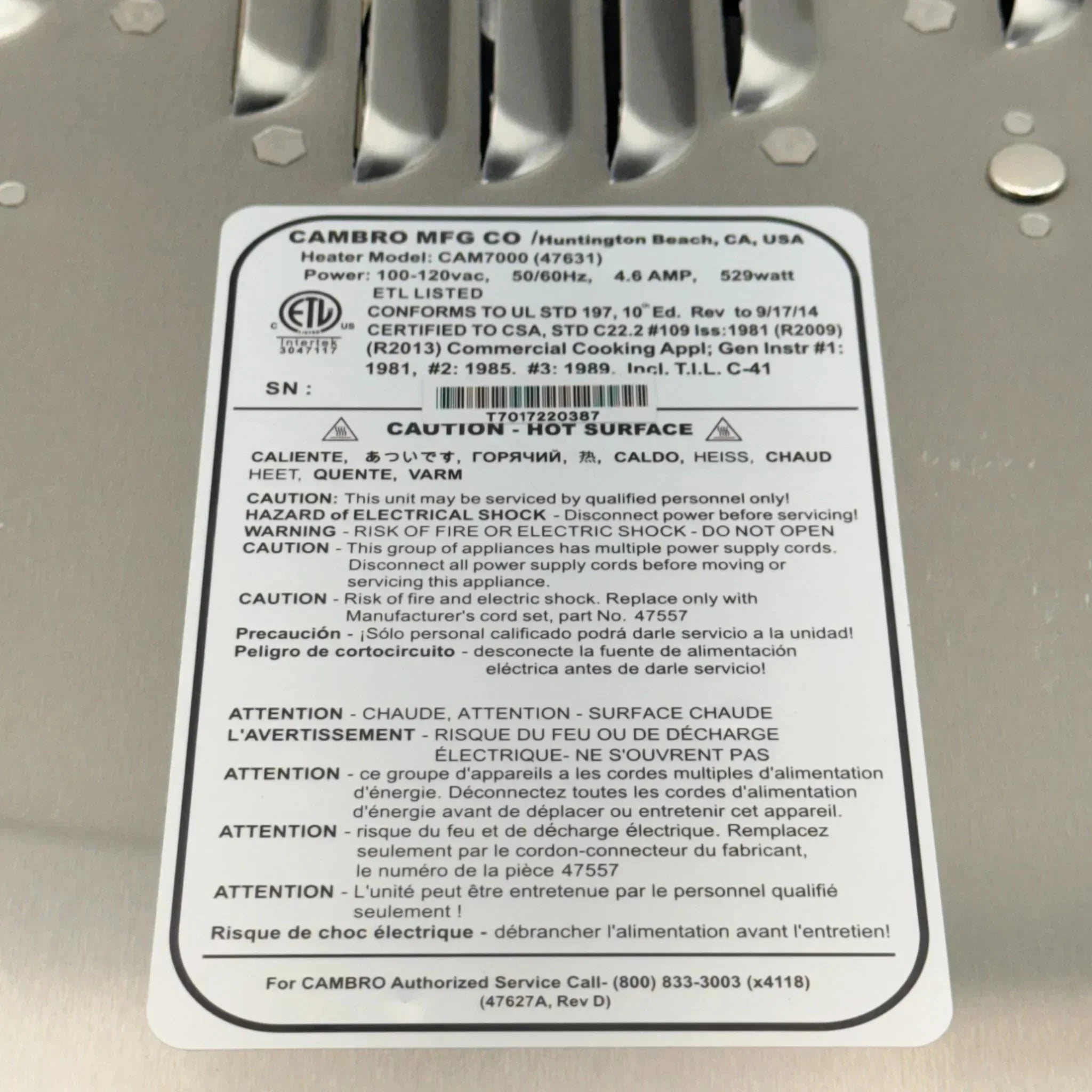 H10025 Genuine Cambro Door Heater Kit 110V