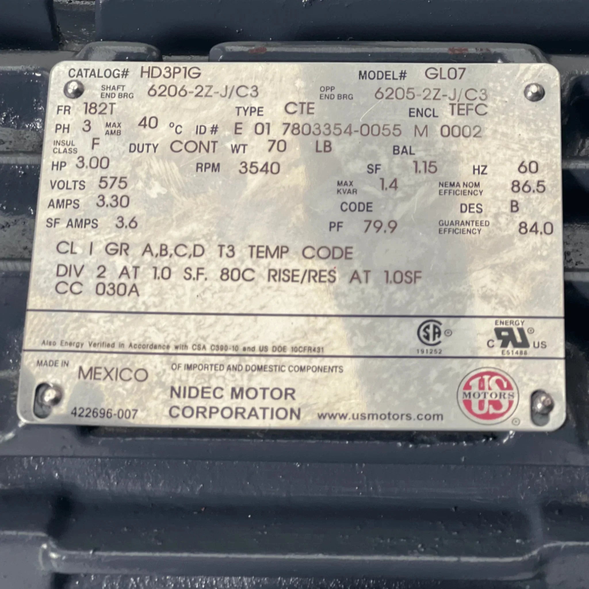 HD3P1G US Motors AC Motor GL07 Model 3 HP 3540 RPM 3.3 Amps