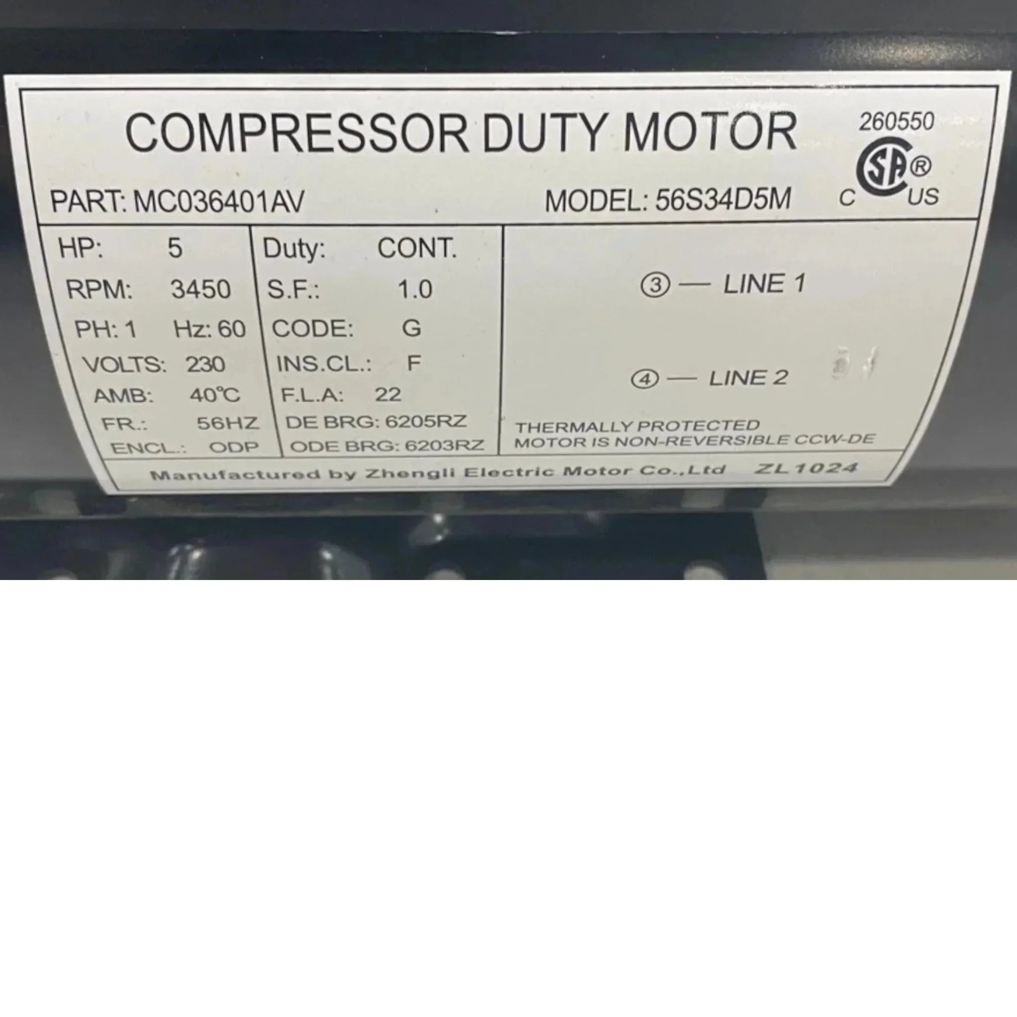 MC036400SJ Campbell Hausfeld Electric Motor 230V