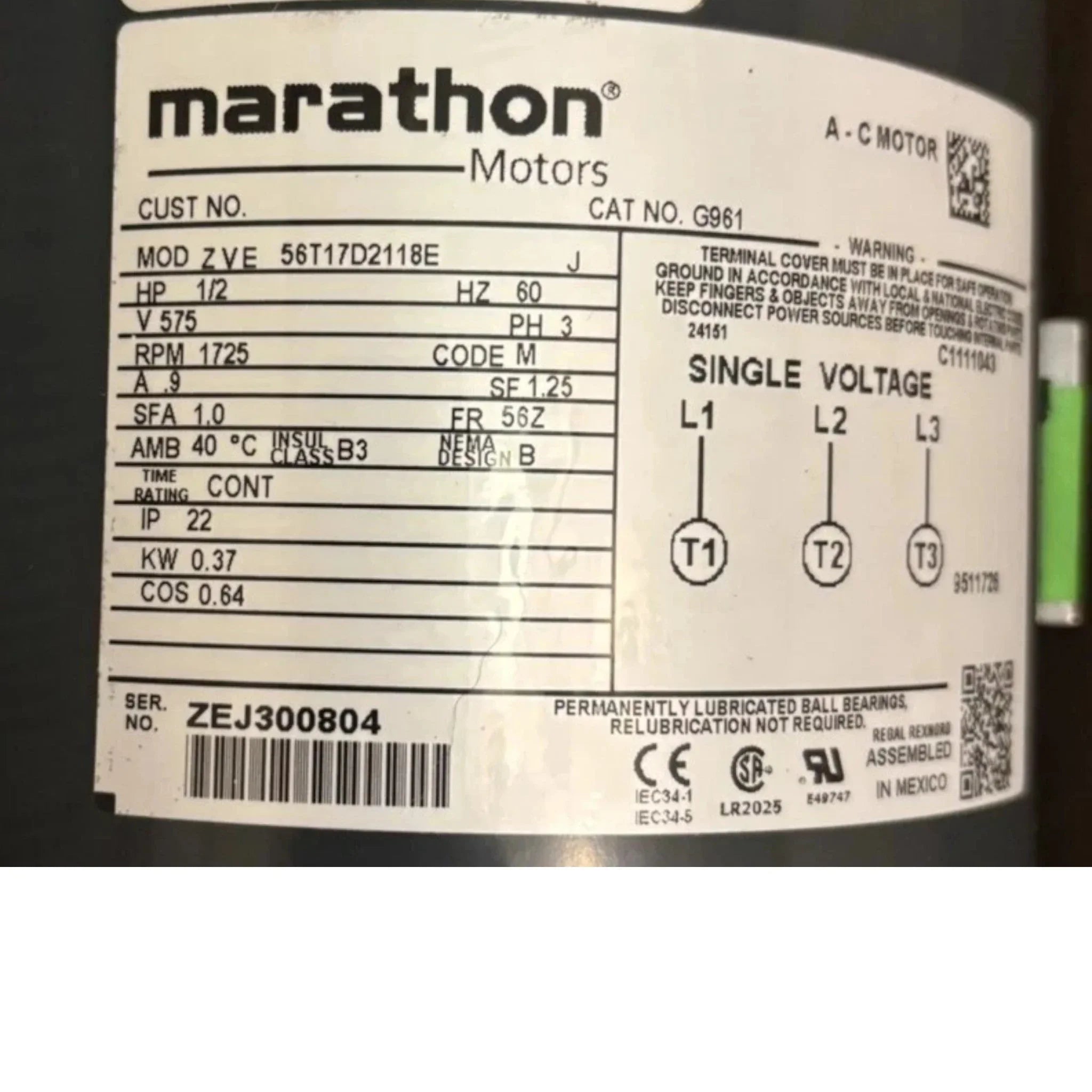 56T17D2118E Genuine Marathon Fan Blower Electric Motor 575V 1800RPM