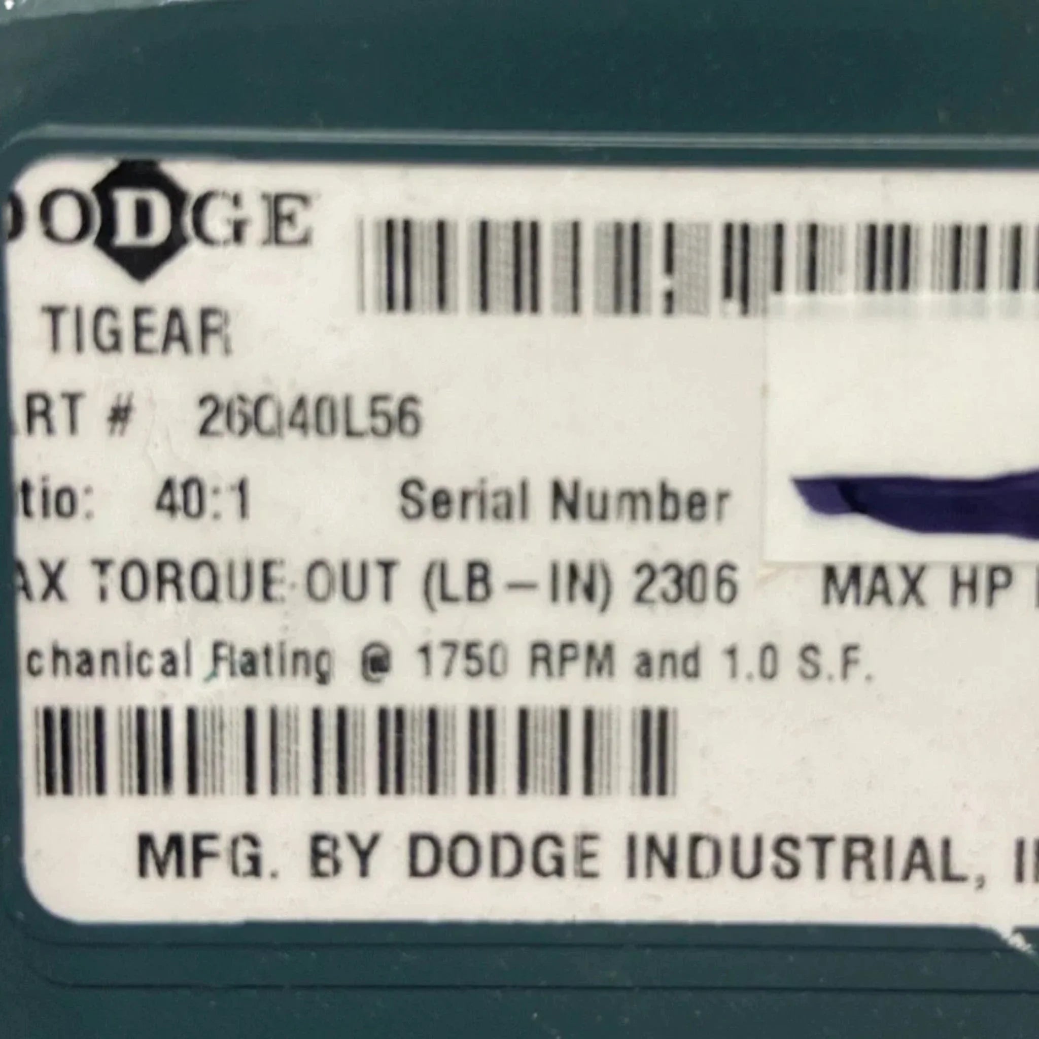 26Q40L56 Genuine Dodge Right Angle Worm Gear Reducer Ratio 40:1