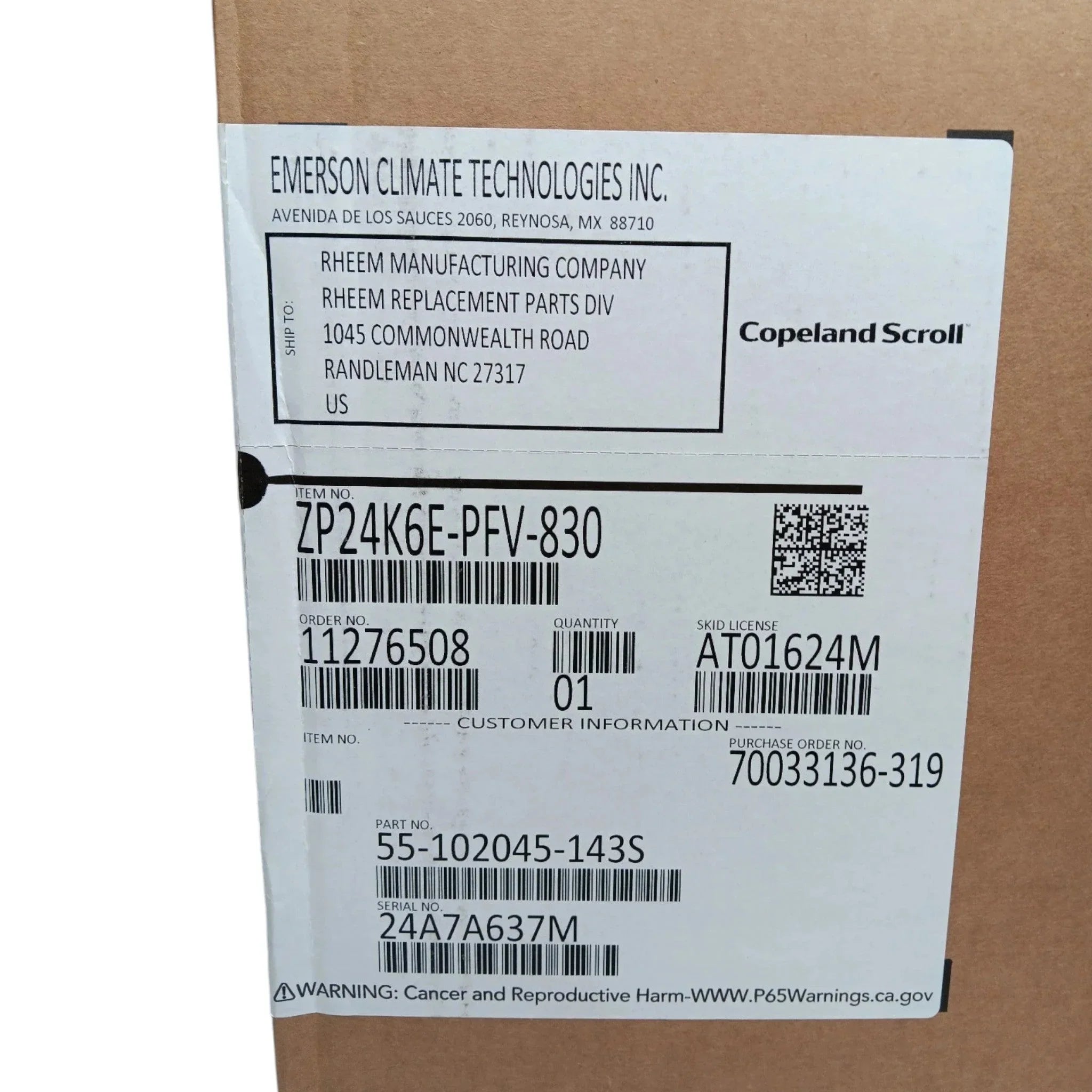 ZP24K6EPFV830 Genuine Copeland Scroll Compressor 208-230V