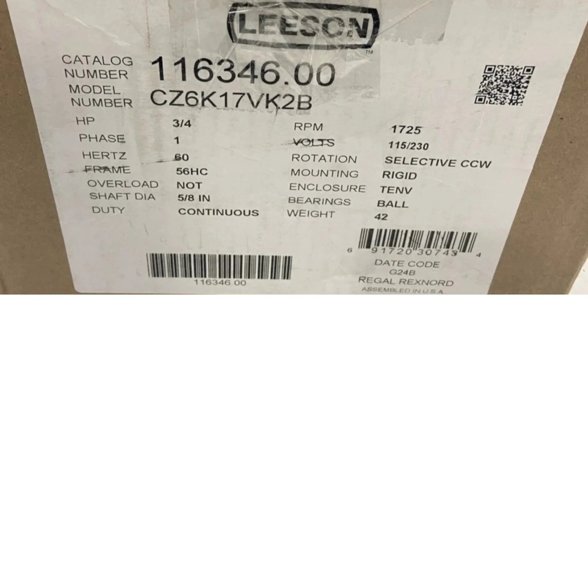 116346.00 Leeson Washdown Motor 115/208-230V