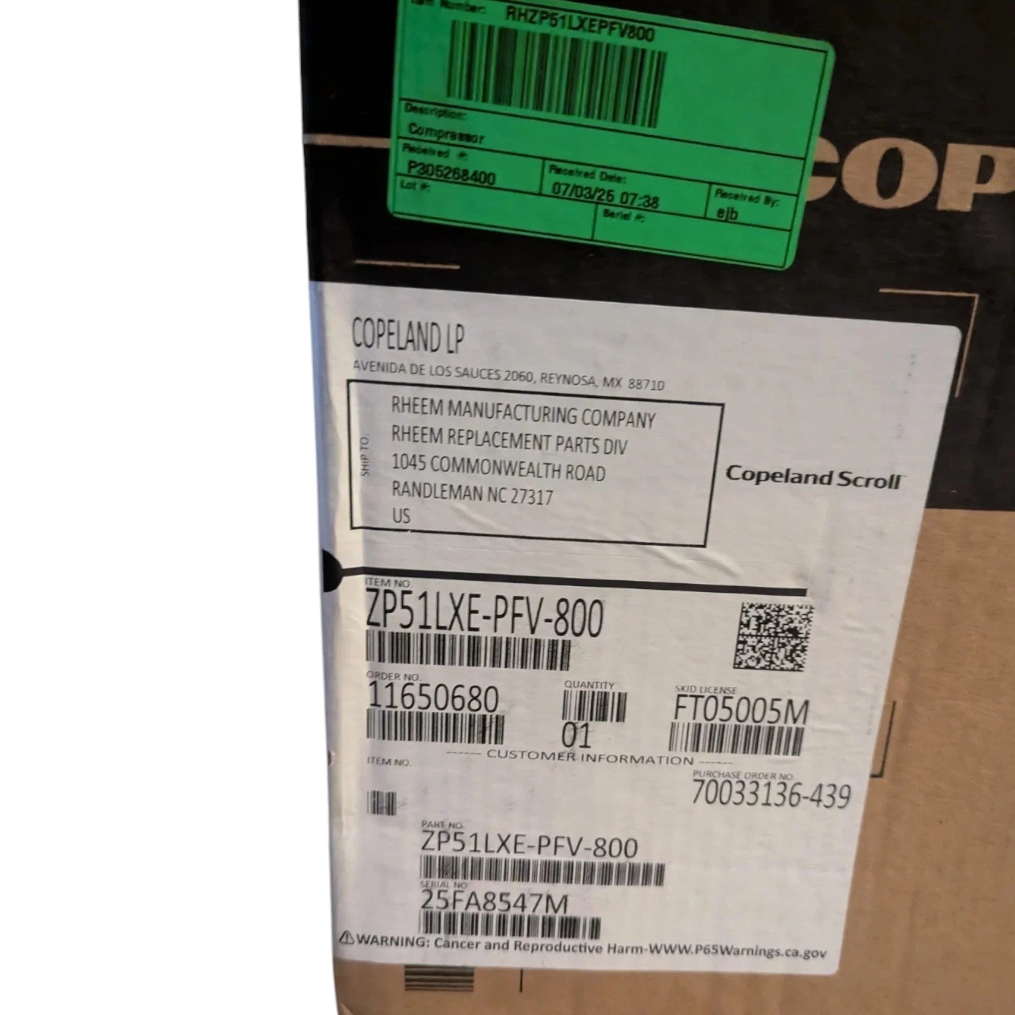 ZP51LXE-PFV-800 Genuine Copeland Scroll Compressor