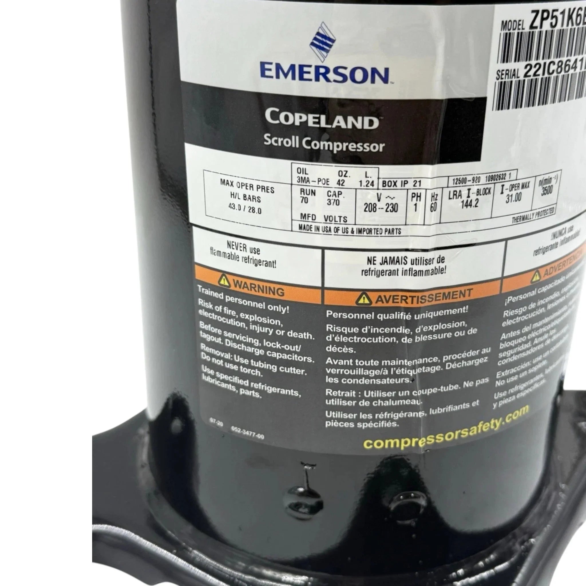 ZP51K6EPFV130 Copeland Scroll Compressor