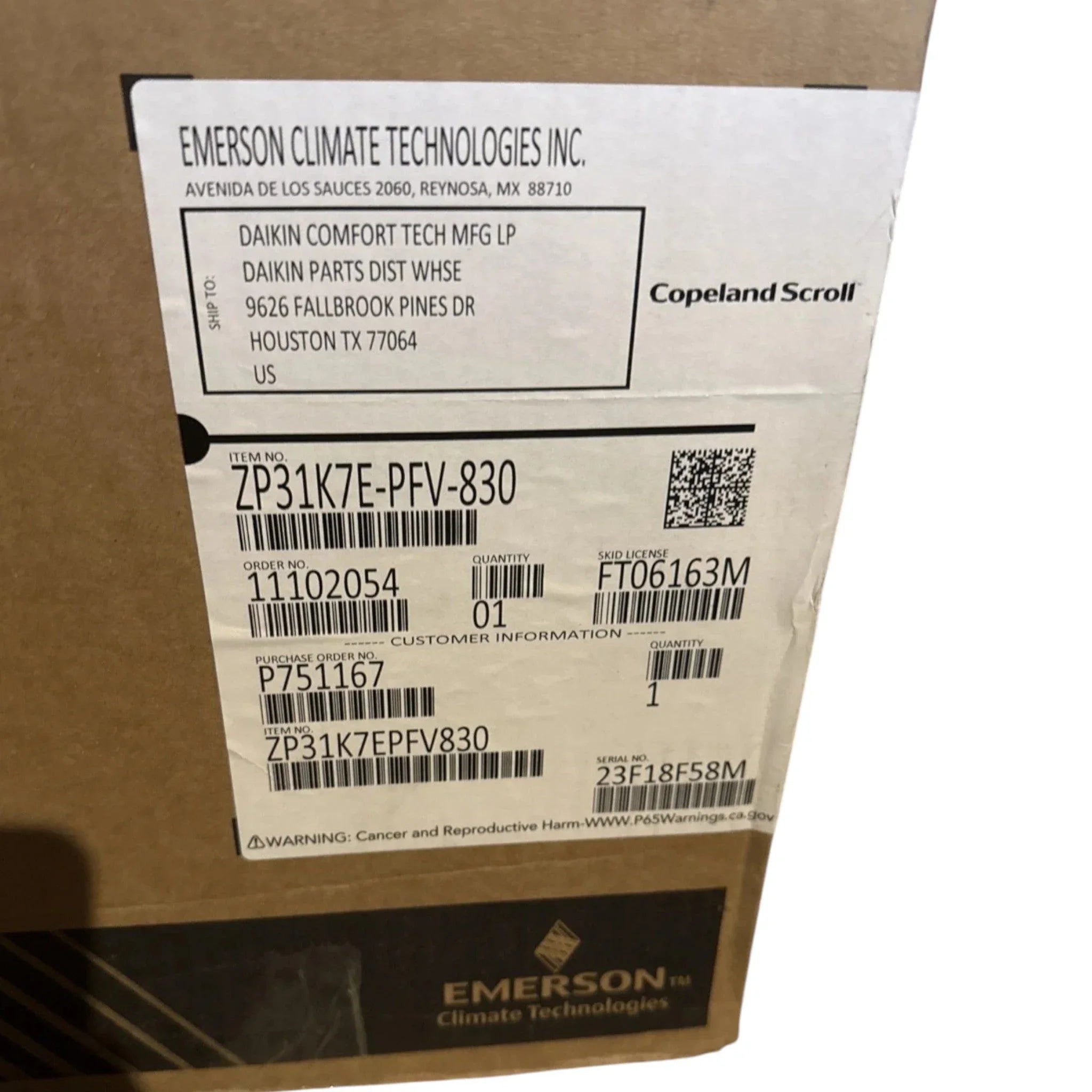 ZP31K7EPFV830 Genuine Copeland Scroll Compressor