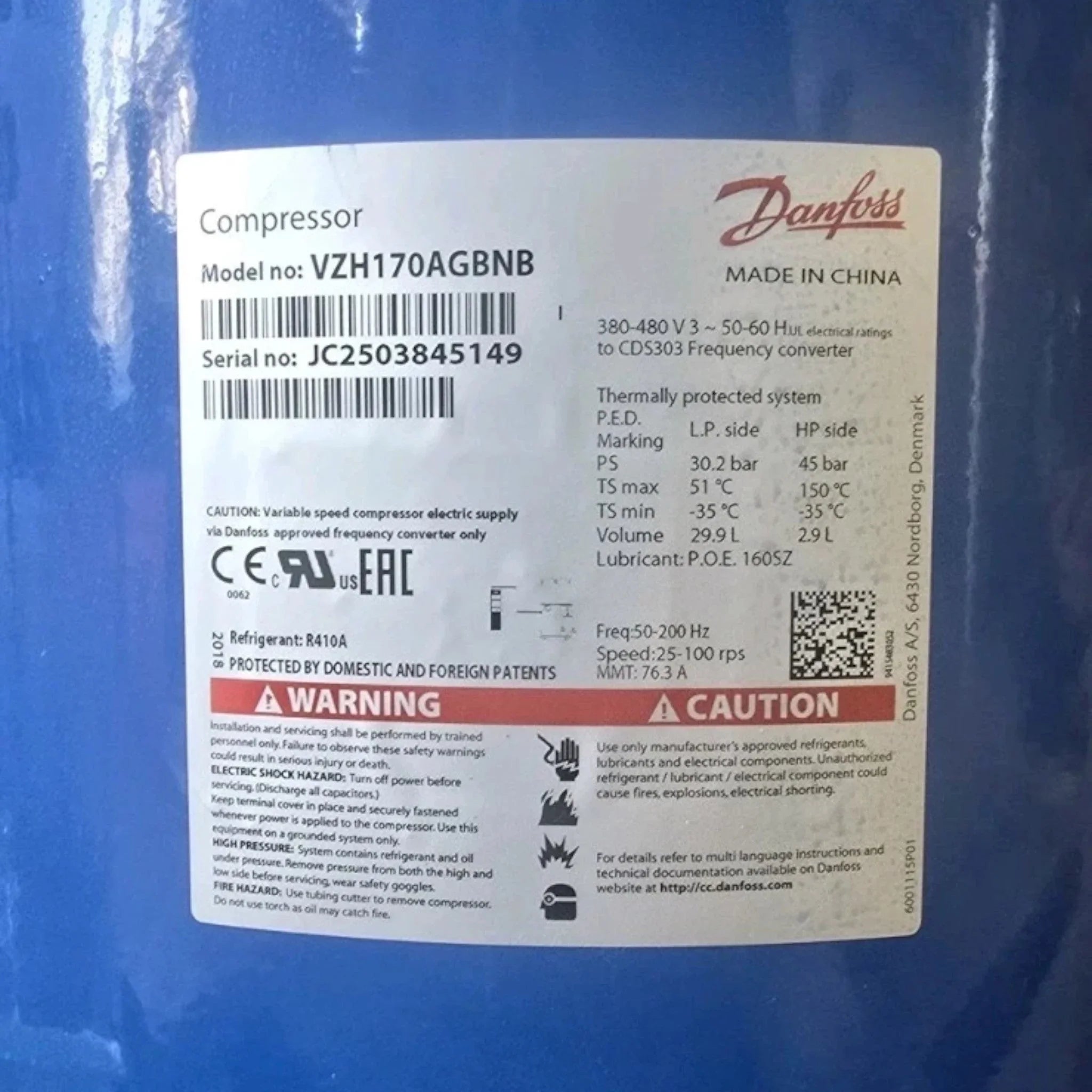 VZH170AGBNB Genuine Danfoss Scroll Compressor