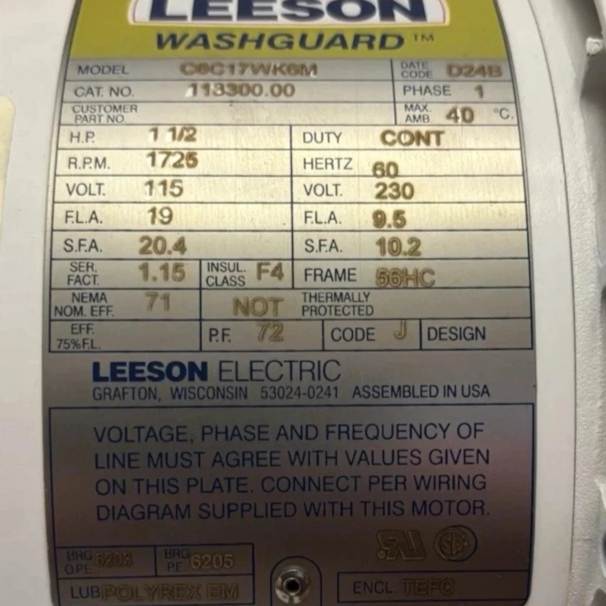 113300.00 Genuine Leeson General Purpose Motor 115/230V