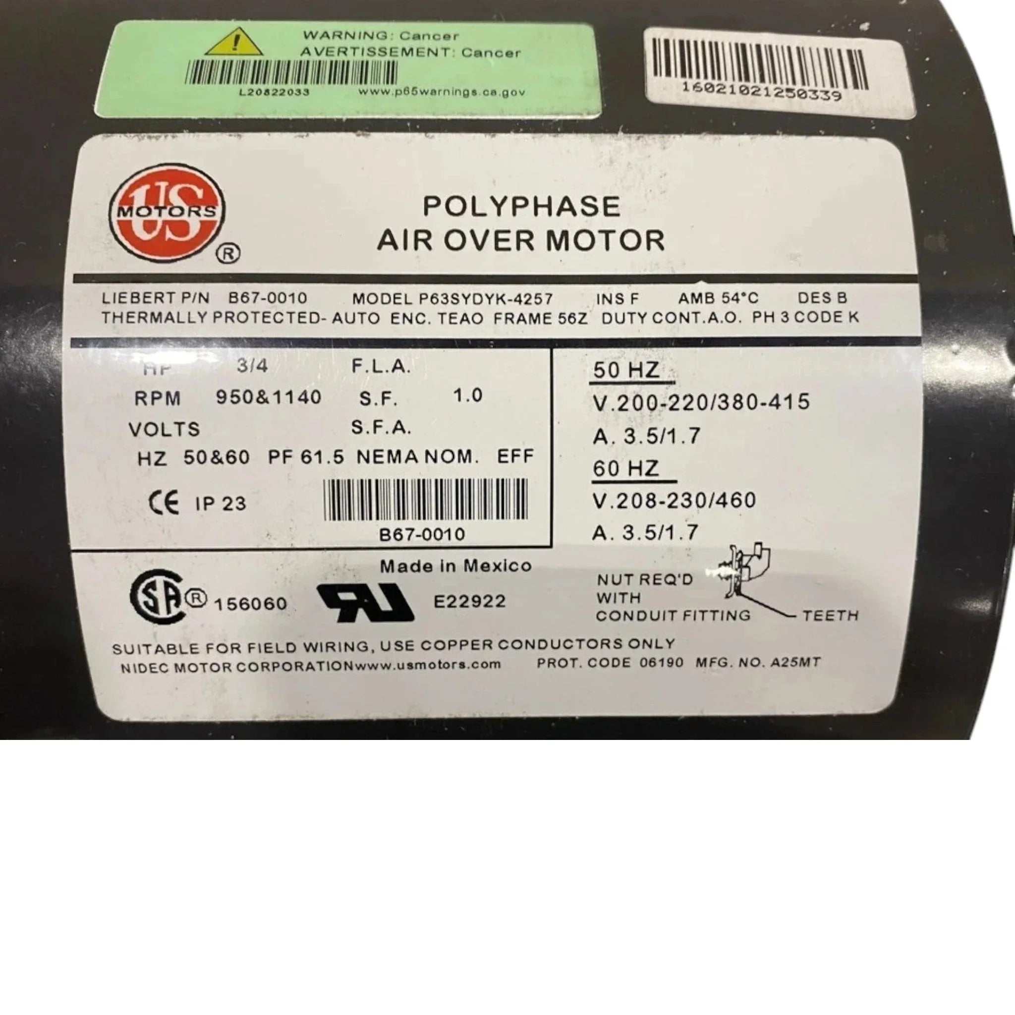 B67-0010 US Motors Electric Motor 208-230/460V 3/4HP