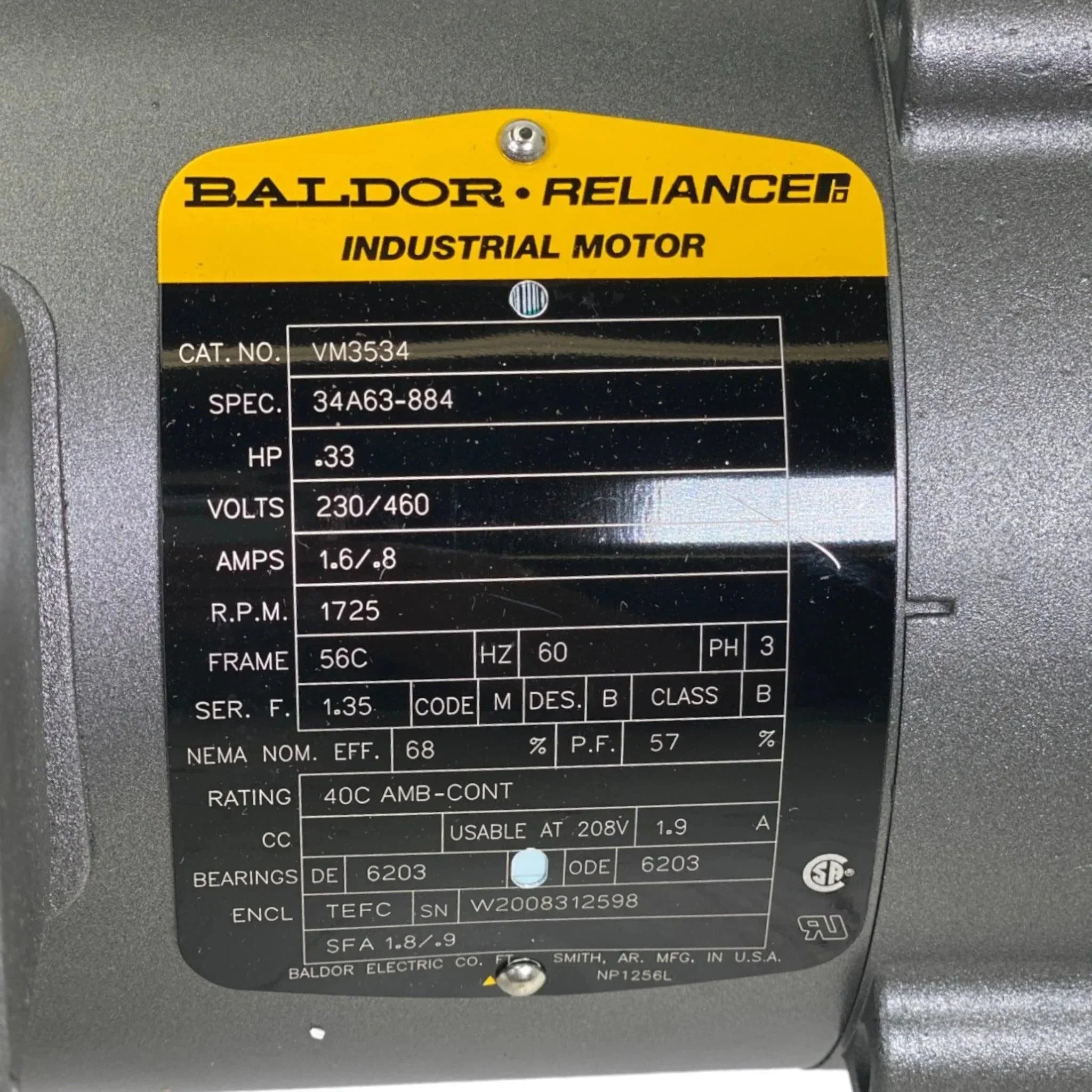 VM3534 ABB AC Motor .33HP 1725RPM 3PH 60HZ 56C 3413M TEFC F1