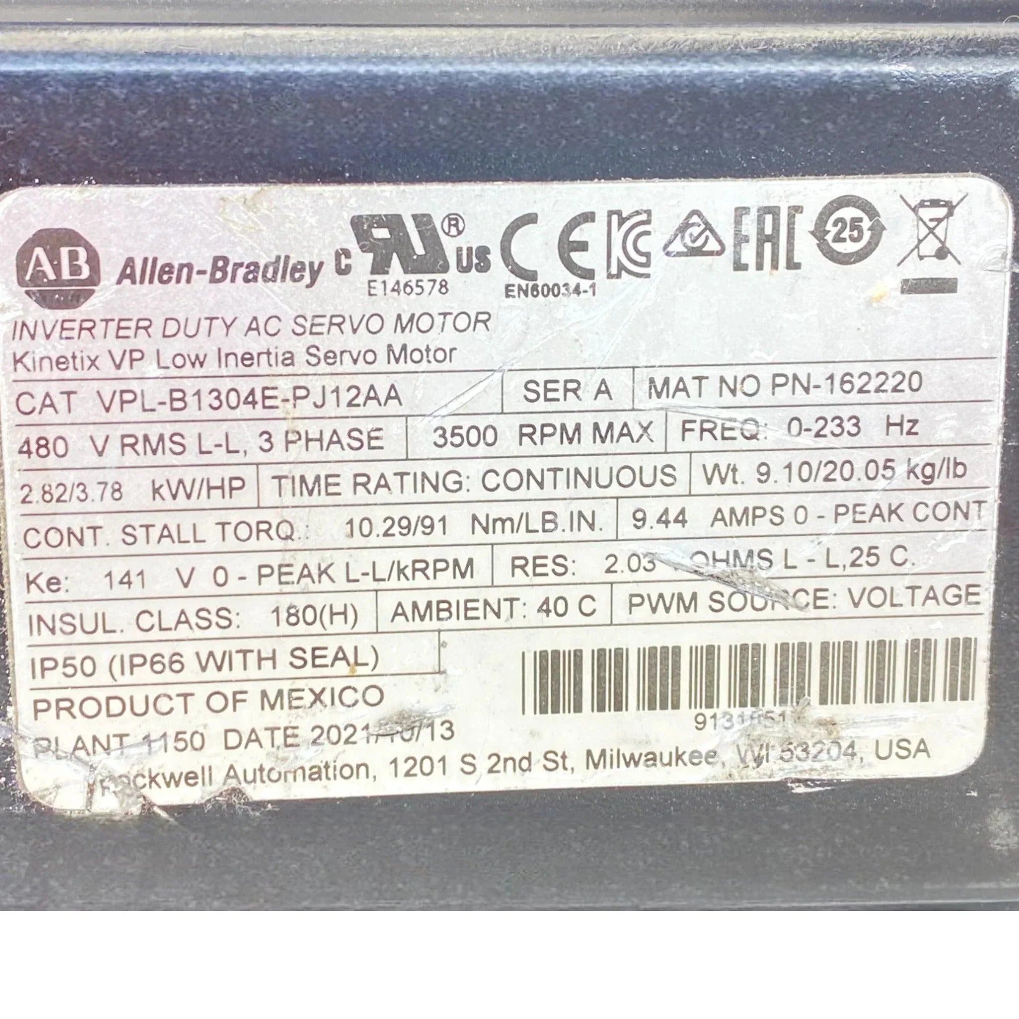 VPL-B1304E-PJ12AA Allen Bradley Inverter Duty AC Servo Motor