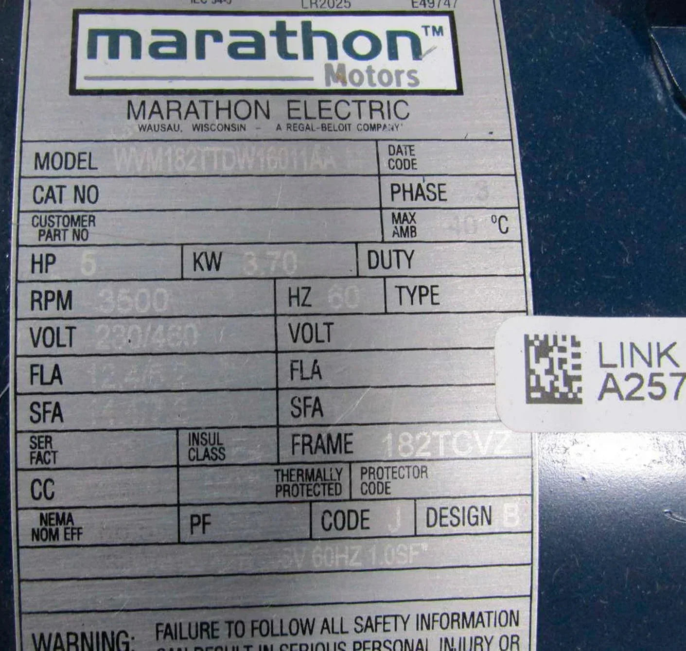 WVM182TTDW16011AA Genuine Marathon Electric Motor 230/460V