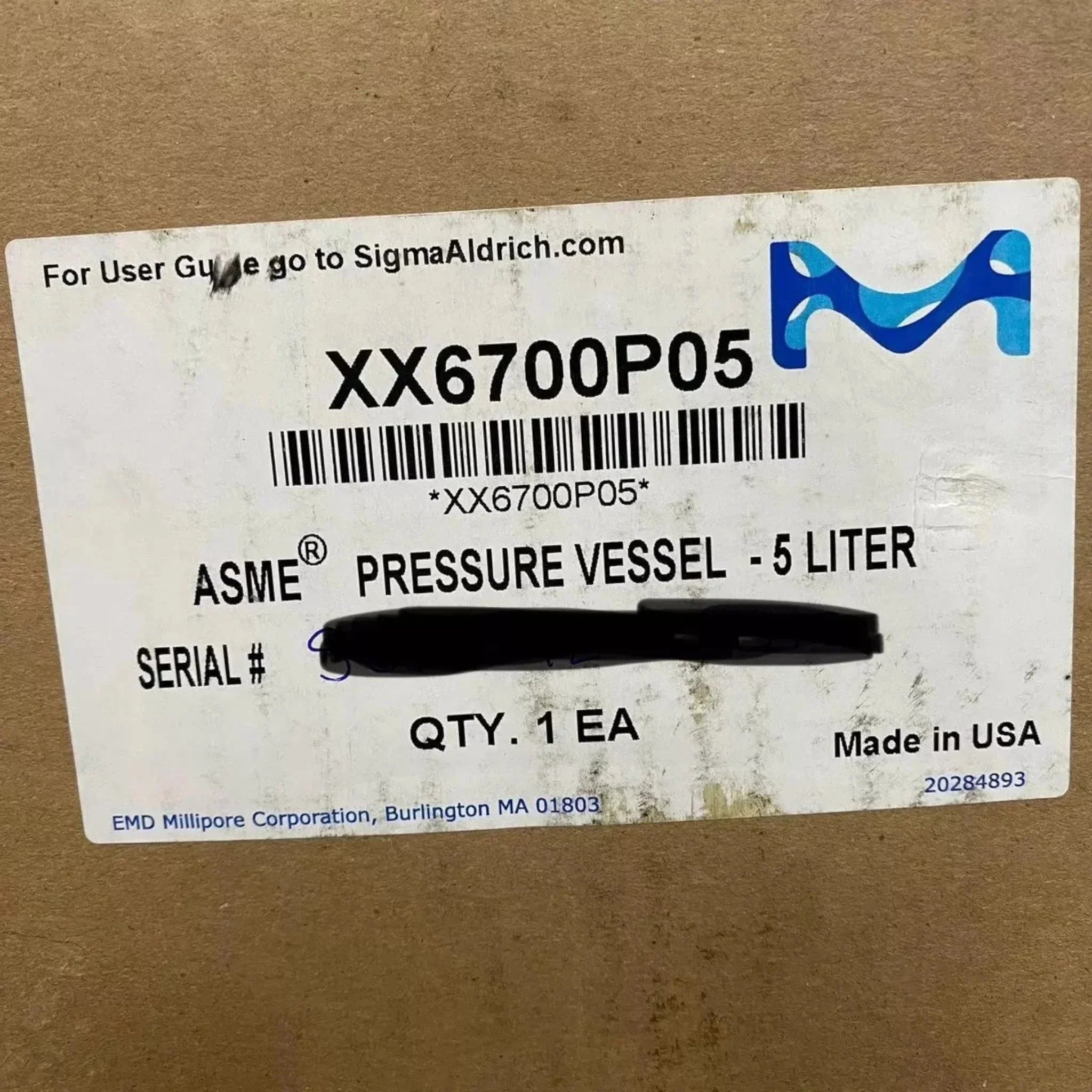 XX6700P05 Genuine Millipore Dispensing Pressure Vessel 5 L