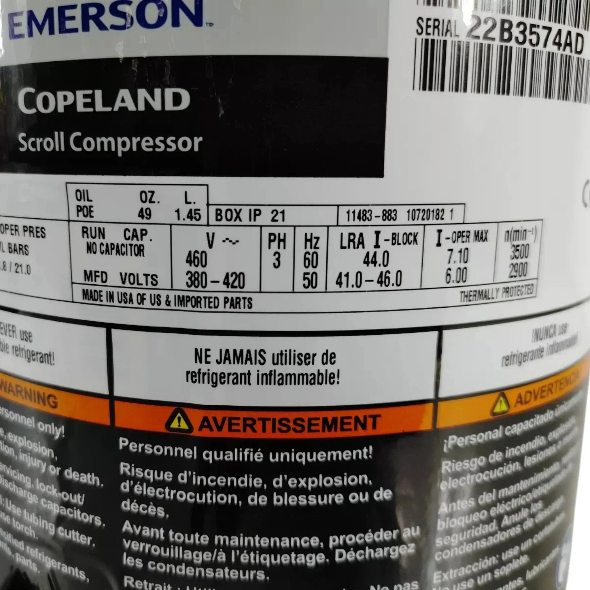 ZF11K4ETFD231 Genuine Copeland Scroll Compressor