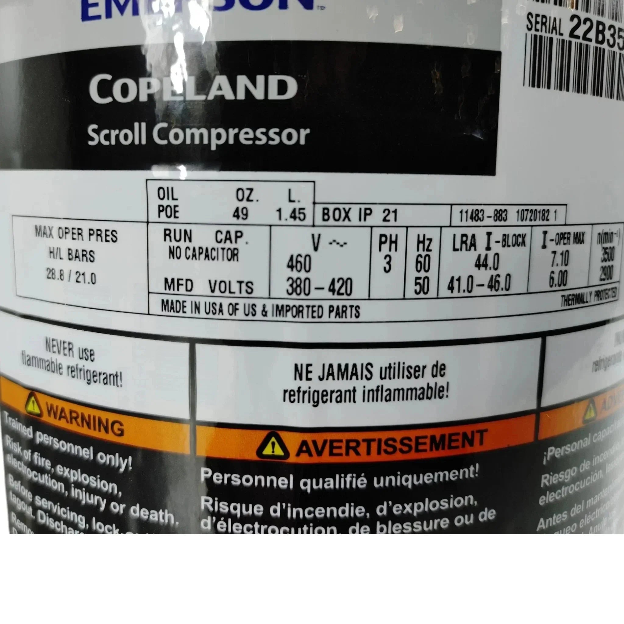 ZF11K4ETFD231 Genuine Copeland Scroll Compressor