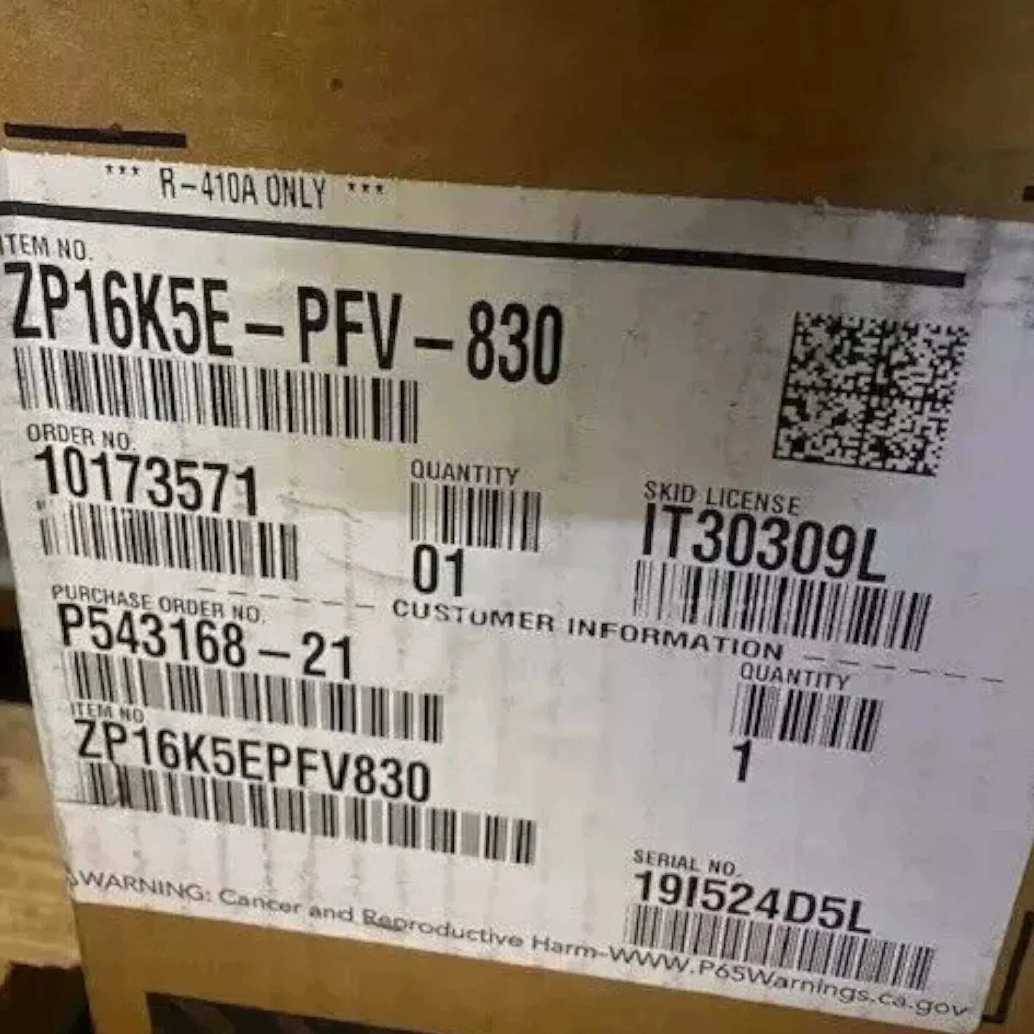 ZP16K5E PFV 830 Genuine Copeland Scroll Compressor 208/230V