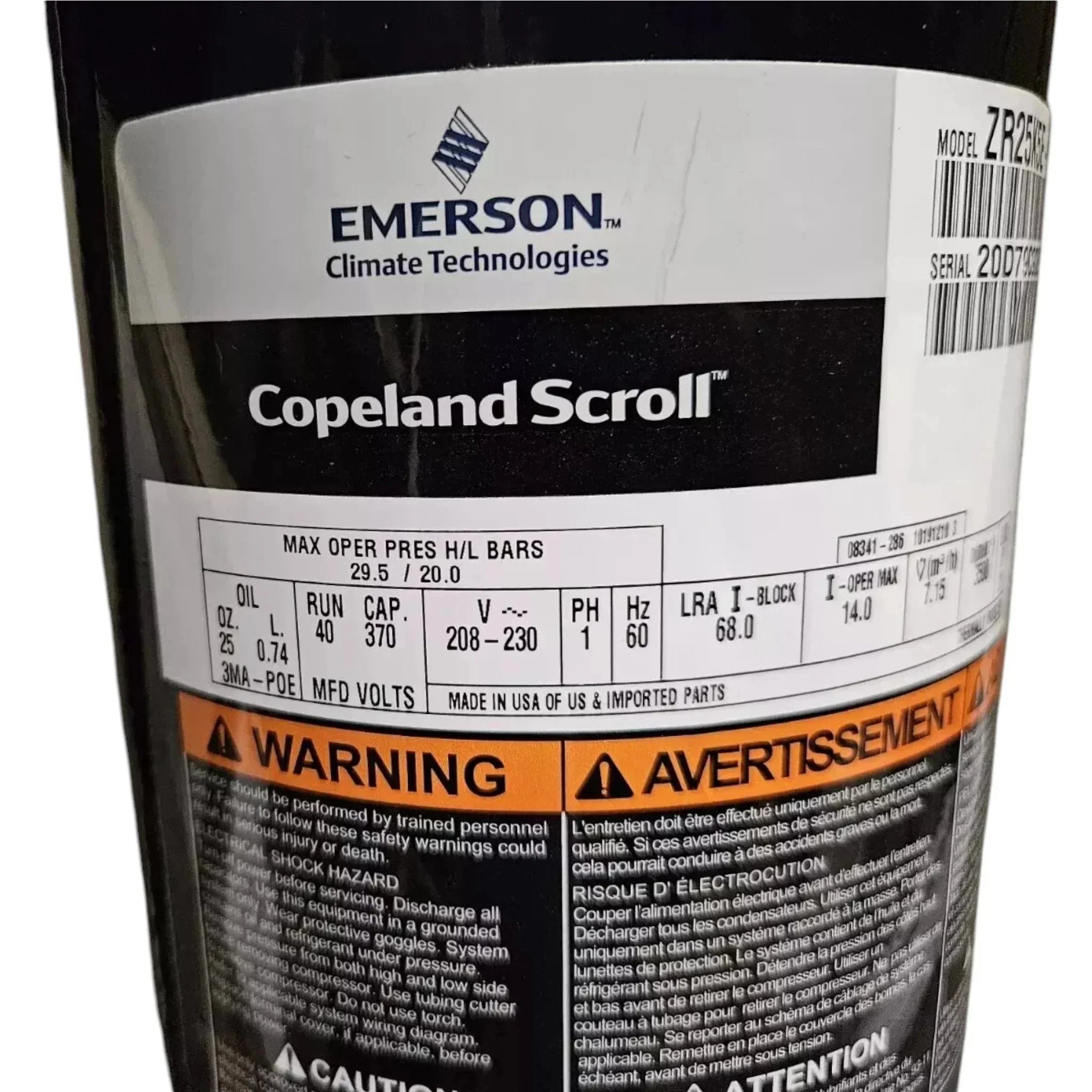 ZP38K5E-PFV-830 Genuine Copeland Scroll Compressor 208-230V