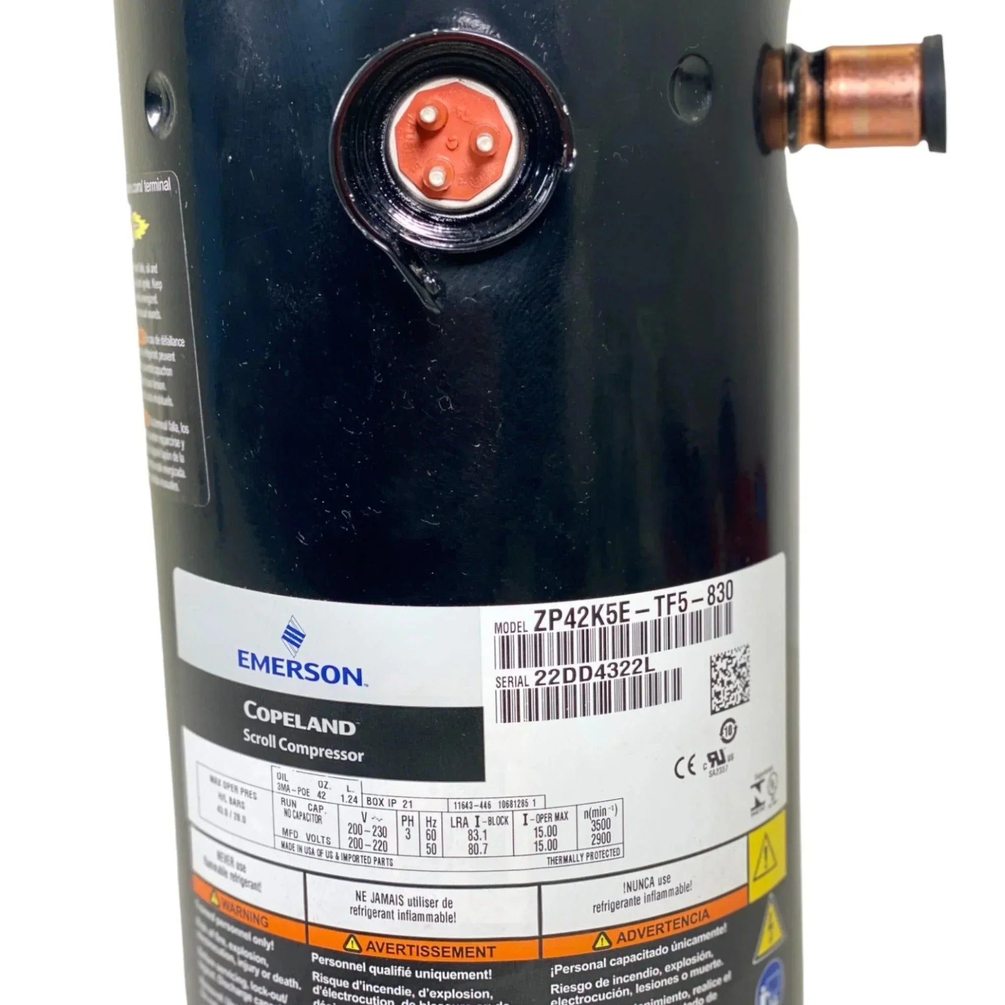 ZP42KSETFS830 Copeland Scroll Compressor R410A/R410B 200-230 Volt 50/60HZ