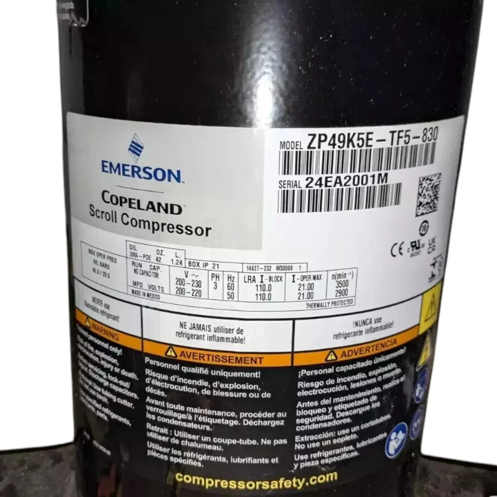 ZP49K5E-TF5-830 Genuine Copeland Scroll Compressor 208/230V
