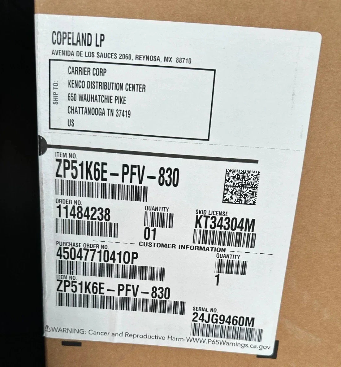 ZP51K6EPFV830 Genuine Copeland Scroll Compressor 208/230V