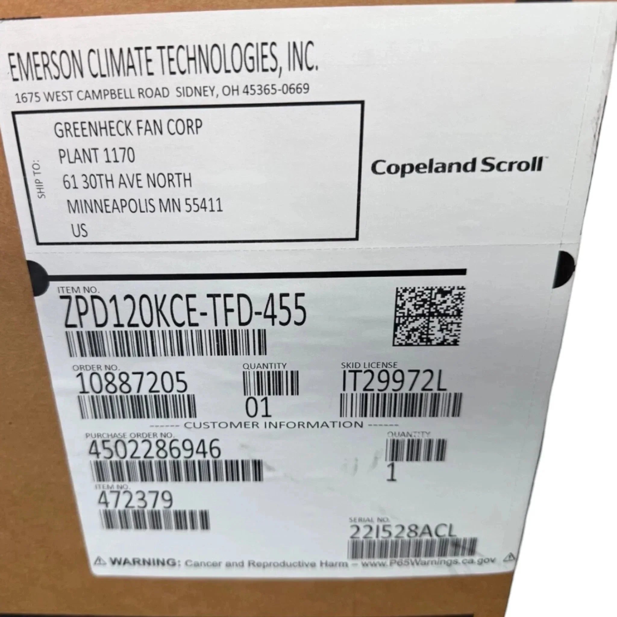 ZPD120KCE-TFD-455 Genuine Copeland Scroll Compressor