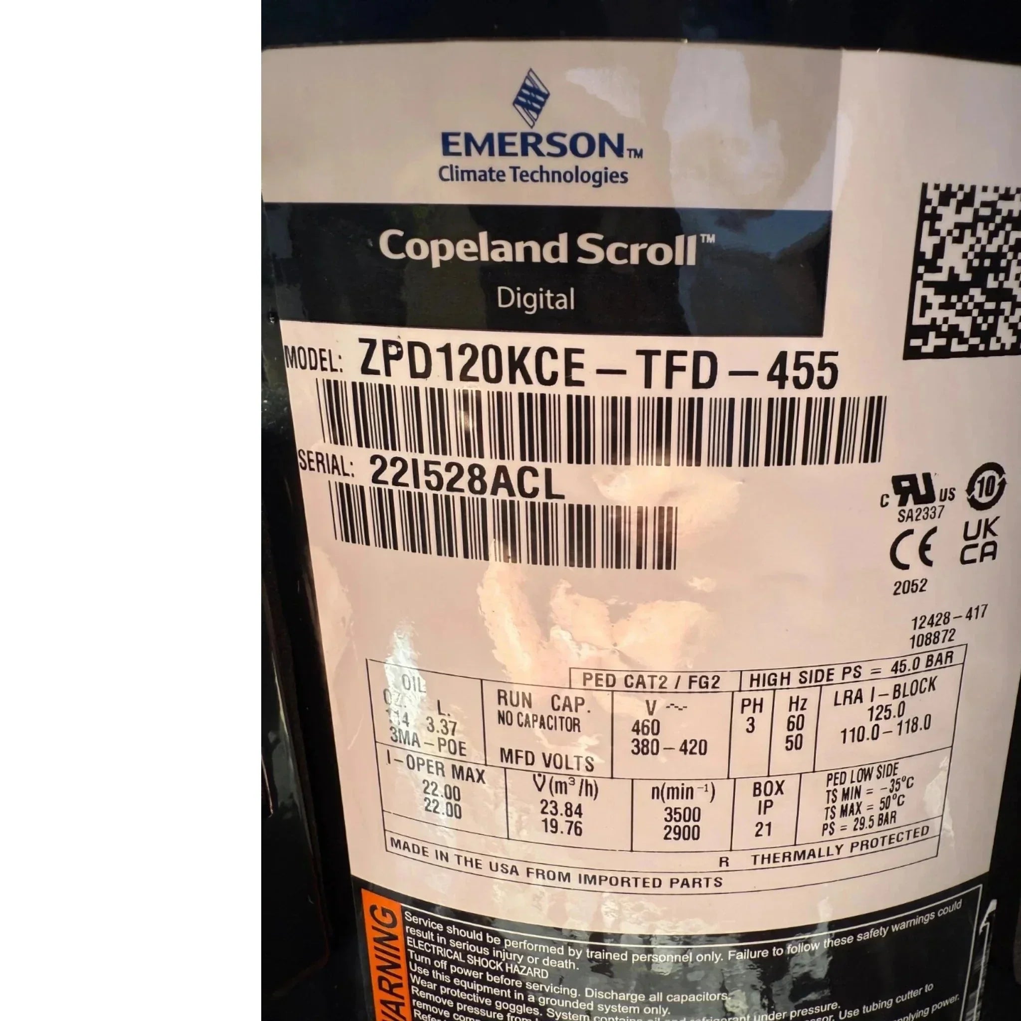 ZPD120KCE-TFD-455 Genuine Copeland Scroll Compressor