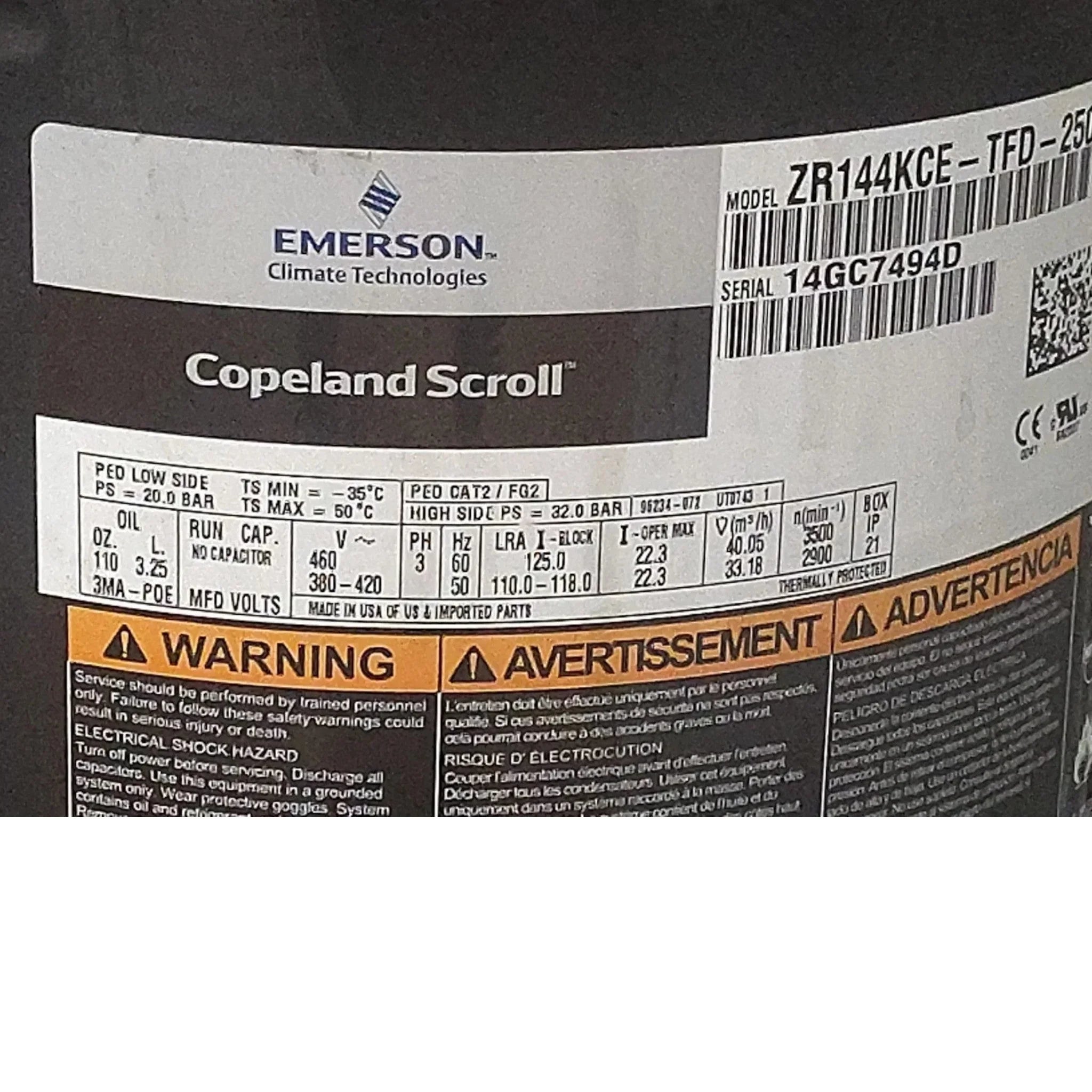 ZR144KCETFD250 Genuine Copeland Scroll Compressor