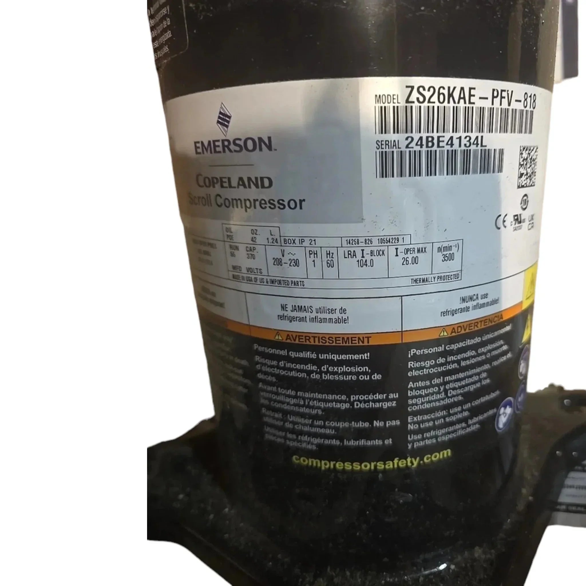 ZS26KAE-PFV-818 Genuine Copeland Scroll Compressor